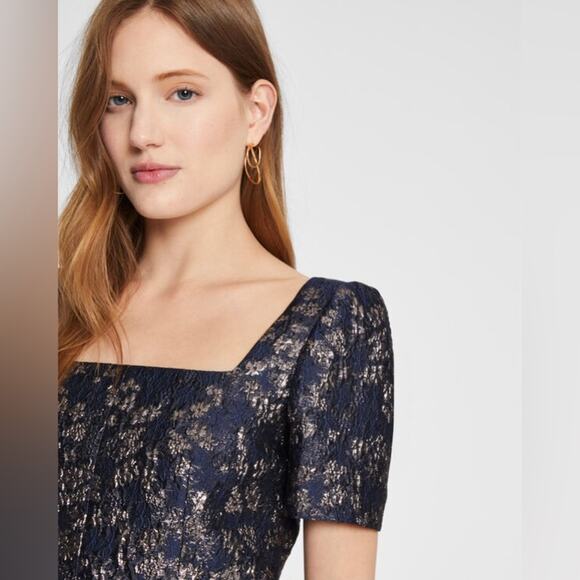 Club Monaco NWT Navy Blue Metallic Brocade Puff Sleeve Top Short Sleeve Size 12 - Picture 3 of 9